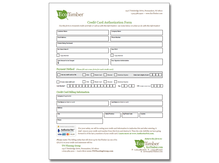 EcoTimber Credit Card Authorization